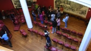 Visitors viewing work in a contemporary art gallery