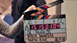 A clapperboard on a film set