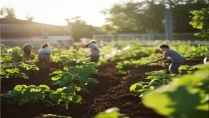 Volunteers tending raised beds at a British community allotment