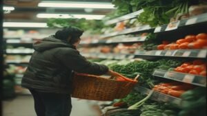 Shopper choosing fresh vegetables in a British supermarket