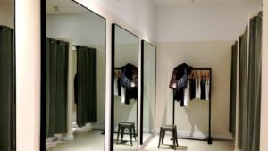 Clothes on display inside an affordable clothing shop