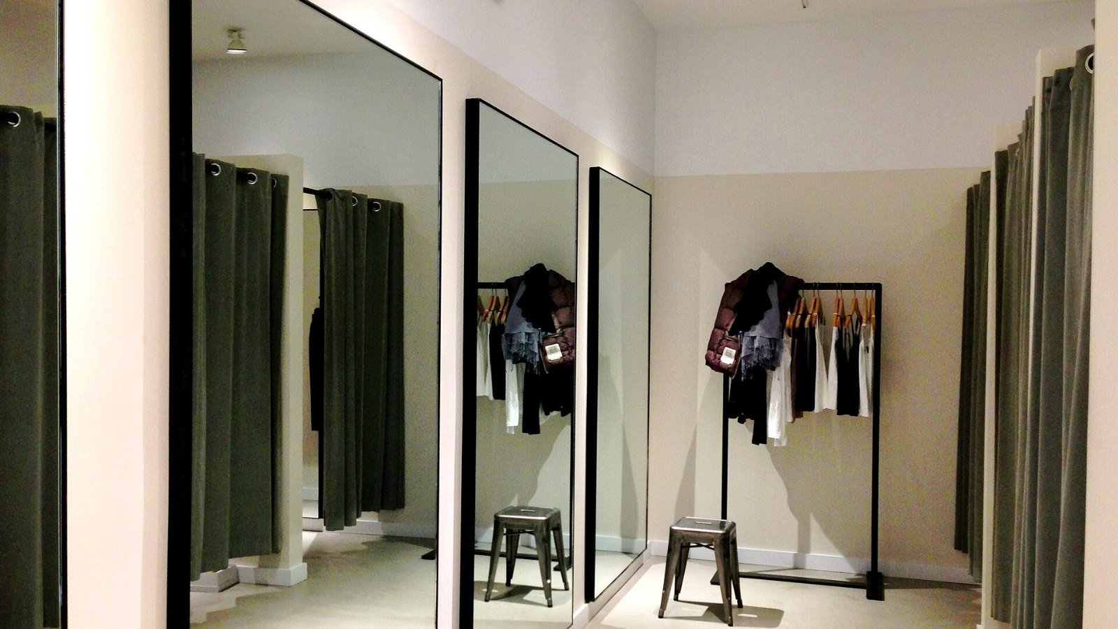 Clothes on display inside an affordable clothing shop