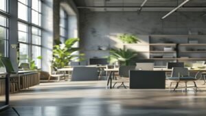 Quiet modern British office on a Friday with empty desks