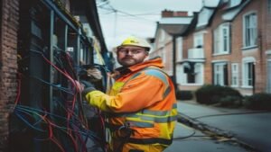 Telecoms engineer installing fibre optic cable on a British residential street
