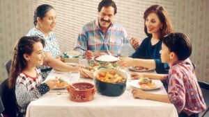 A family meal laid out on a kitchen table