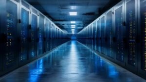 Data centre server aisle representing UK artificial intelligence infrastructure