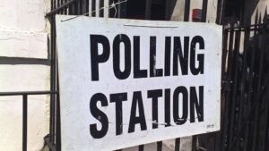 A polling station entrance during a United Kingdom election